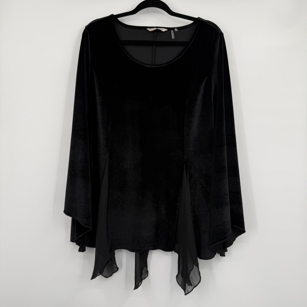 Soft Surroundings Top Womens Large‎ Black Velvet Tunic Flared Sleeve Chiffon